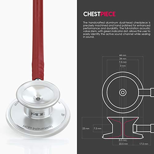 MDF Instruments Acoustica Deluxe MDF747XP17, Estetoscopio ligero de doble cabeza, Borgoña (Burgundy)