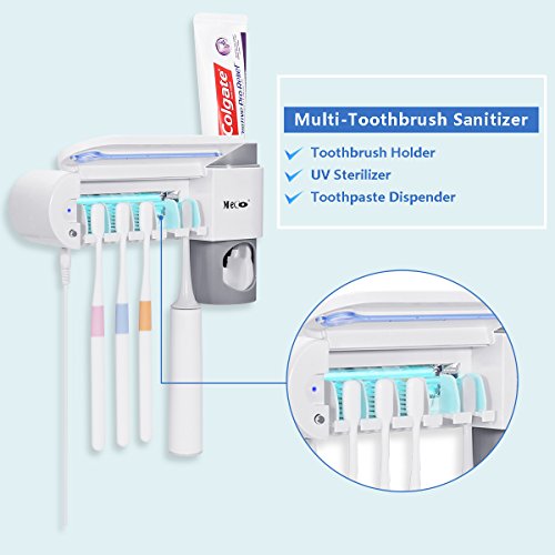 MECO ELEVERDE Portacepillo de Dientes Eléctrico Esterilizador UV Soporte con 5 Ports Dispensador de Pasta de Dientes Soporte de Pared con Cubierta Antipolvo Accesorios de Baño para Infantil, Adulto