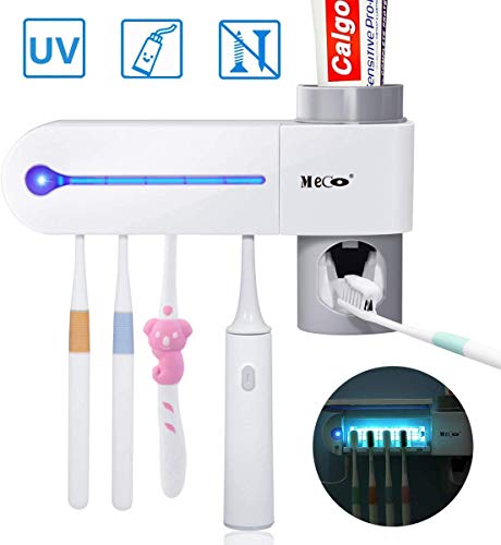MECO ELEVERDE Portacepillo de Dientes Eléctrico Esterilizador UV Soporte con 5 Ports Dispensador de Pasta de Dientes Soporte de Pared con Cubierta Antipolvo Accesorios de Baño para Infantil, Adulto