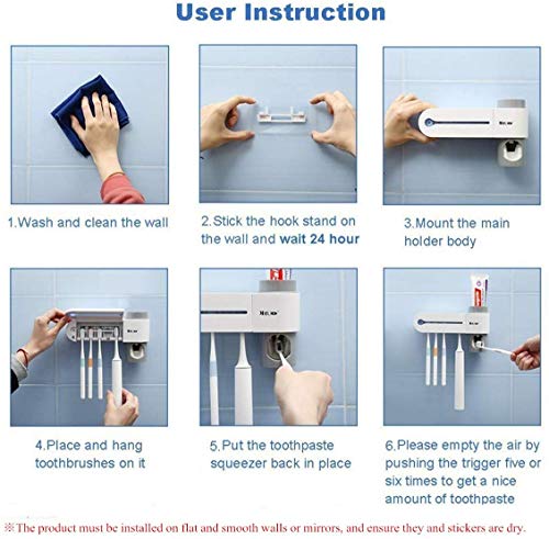 MECO ELEVERDE Portacepillo de Dientes Eléctrico Esterilizador UV Soporte con 5 Ports Dispensador de Pasta de Dientes Soporte de Pared con Cubierta Antipolvo Accesorios de Baño para Infantil, Adulto