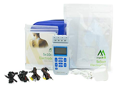 Med-Fit recargable de doble control TENS de 4 canales y estimulador muscular 24 programas clínicamente aprobados y ajuste manual que tratan hasta 4 áreas simultáneamente suministradas con 20 electrodos