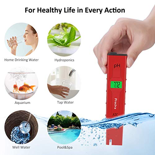 Medidores de pH,Preciva Medidor de Prueba de Calidad del Agua digital con Pantalla LCD Retroiluminada,4 Batería Incluida y con 4 paquetes de Polvos de Calibración para Neutralizar el líquido