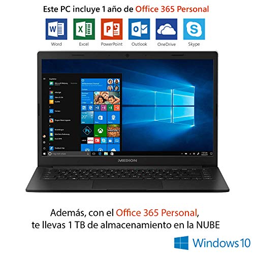 MEDION E4251 - Ordenador portátil de 14" FHD ( Intel Celeron N4000, 4 GB RAM, 64 GB eMMC, Intel UHD Graphics, Windows 10) color negro - Teclado QWERTY Español