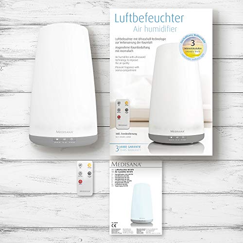 Medisana AH 670 Humidificador ultrasónico con compartimento de aromas y función de precalentamiento, nebulizador con mando a distancia para aire seco en el salón y el dormitorio, 1,8 litros