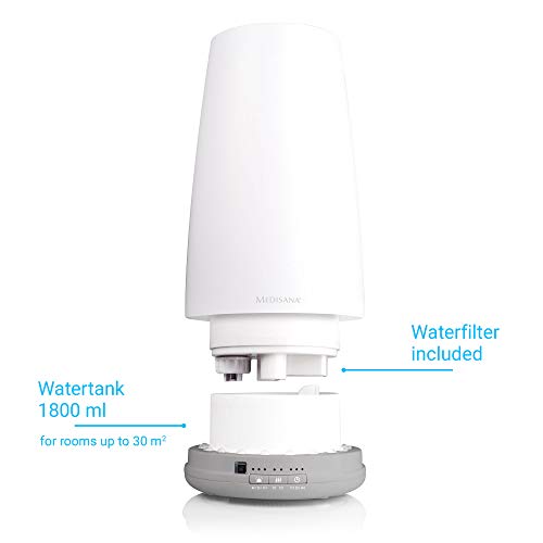 Medisana AH 670 Humidificador ultrasónico con compartimento de aromas y función de precalentamiento, nebulizador con mando a distancia para aire seco en el salón y el dormitorio, 1,8 litros