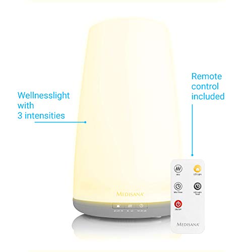Medisana AH 670 Humidificador ultrasónico con compartimento de aromas y función de precalentamiento, nebulizador con mando a distancia para aire seco en el salón y el dormitorio, 1,8 litros