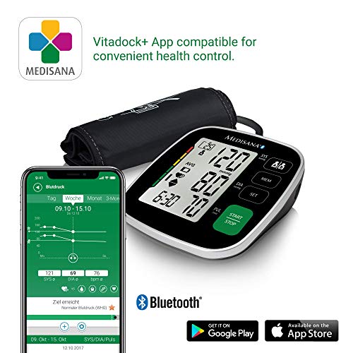 Medisana BU 546 connect Tensiómetro para el brazo con manguito grande, pantalla de arritmia, escala de colores de la OMS para una medición precisa de la tensión arterial y del pulso con app
