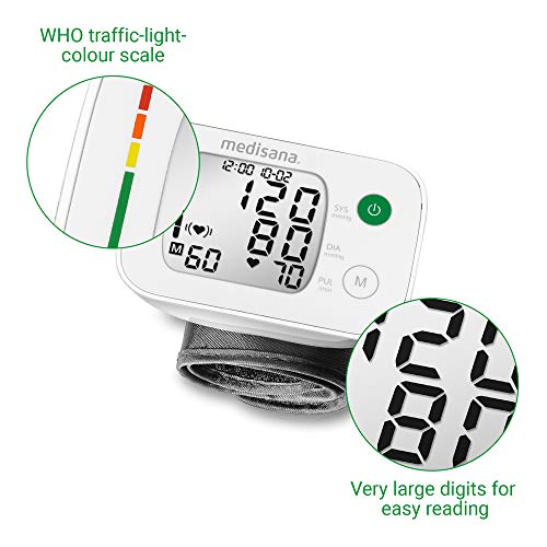 Medisana BW 335 tensiómetro de muñeca, pantalla de arritmia, escala de colores de los semáforos de la OMS, para la medición precisa de la tensión arterial y la medición del pulso, función de memoria