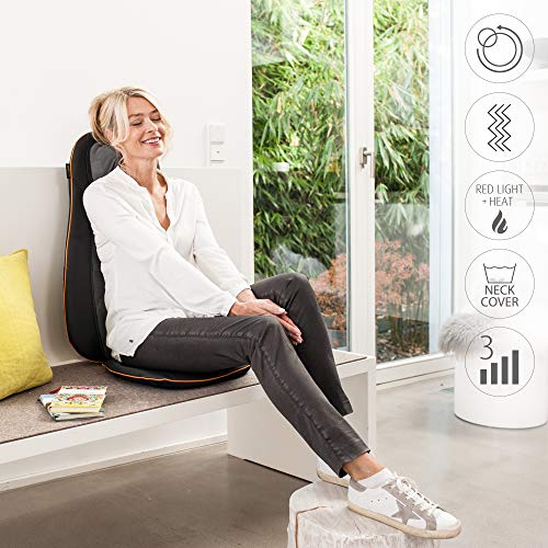 Medisana MCN Cojín de asiento de masaje con 3 zonas de masaje, función de calor, función de luz roja, masaje de cuello ajustable en altura, adecuado para cualquier silla