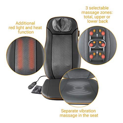 Medisana MCN Cojín de asiento de masaje con 3 zonas de masaje, función de calor, función de luz roja, masaje de cuello ajustable en altura, adecuado para cualquier silla