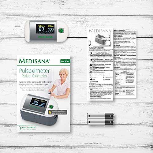 Medisana PM 100 Oxímetro de pulso, medición de la saturación de oxígeno en sangre, oxímetro de pulso de dedo con pantalla OLED y operación con una sola pulsación