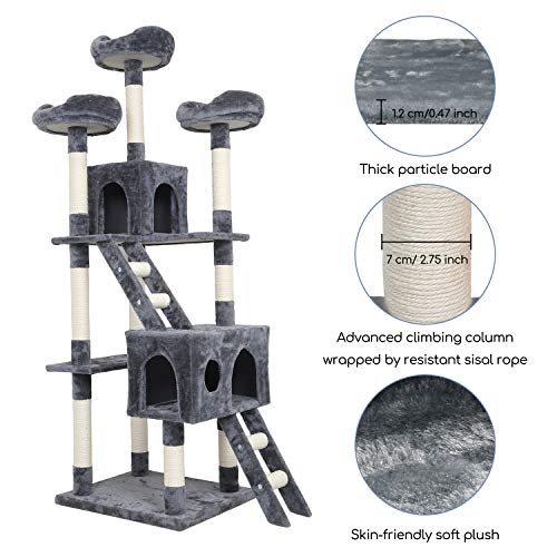 Meerveil Árbol para Gatos, Árbol Rascador para Gatos Pilar de Sisal Superficie de Felpa con Nido de Gato 180cm Gris