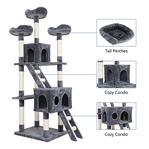 Meerveil Árbol para Gatos, Árbol Rascador para Gatos Pilar de Sisal Superficie de Felpa con Nido de Gato 180cm Gris