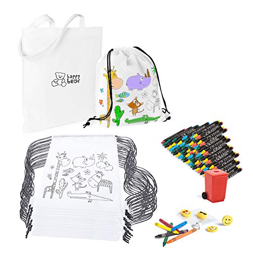 Mega Pack de 30 Mochilas para Pintar con Ceras - Diversión Asegurada - Original Regalo para Cumpleaños, Fiestas Infantiles en el Colegio y Comuniones - Incluye Regalos Extra para Divertido Concurso