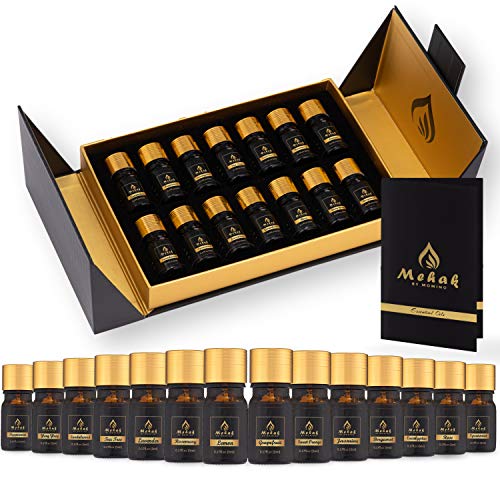 Mehak Set de aceites esenciales, 14 botellas de 5 ml de aceite, set de aceites esenciales puros y naturales, difusor de aceite, aceite de masaje, aceite de aromaterapia, aceite terapéutico.