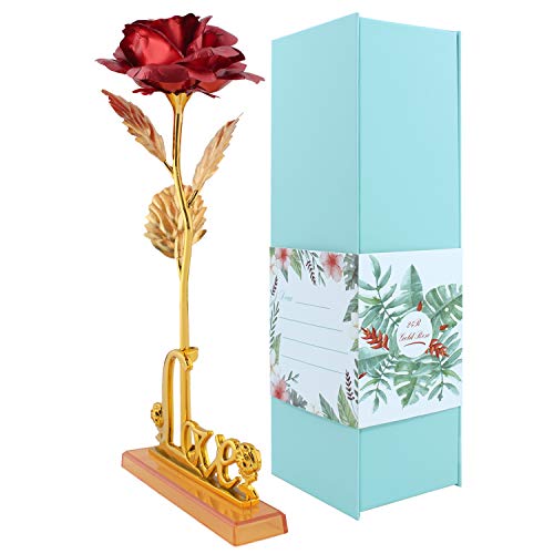 MEIWO 24K Gold Rose, Long Stem Gold Rose con Love Letter Display Stand, cumpleaños, Día de San Valentín, Día de la Madre, Aniversario de Boda Home Decor(Rojo)