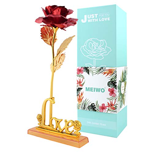 MEIWO 24K Gold Rose, Long Stem Gold Rose con Love Letter Display Stand, cumpleaños, Día de San Valentín, Día de la Madre, Aniversario de Boda Home Decor(Rojo)