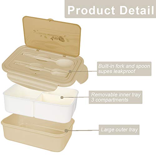 MEIXI Fiambrera Infantil Caja de Bento con 3 Compartimentos y Cubiertos Fiambreras Caja de Alimentos Ideal para Almuerzo y Bocadillos para Niños y Adultos (Caqui)
