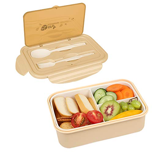 MEIXI Fiambrera Infantil Caja de Bento con 3 Compartimentos y Cubiertos Fiambreras Caja de Alimentos Ideal para Almuerzo y Bocadillos para Niños y Adultos (Caqui)