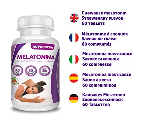 Melatonina 0,5mg con vitamina B6, 60 comprimidos de melatonina masticable sublingual con sabor a fresa, regula el ciclo del sueño, ideal para el jet lag. NOVONATUR.