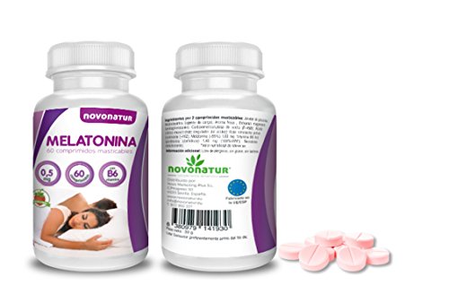 Melatonina 0,5mg con vitamina B6, 60 comprimidos de melatonina masticable sublingual con sabor a fresa, regula el ciclo del sueño, ideal para el jet lag. NOVONATUR.