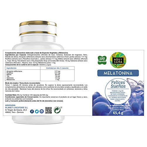 Melatonina – Valeriana – Tila – Pasiflora - Para conciliar el sueño | Conciliación Rápida del Sueño Con Efecto Duradero | 100% Natural | 240 Cápsulas-Aquisana…