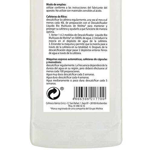 Melitta Descalcificador Bio Multi, Limpiador Express, Automáticas, Cafeteras de Goteo, Líquido Biodegradable, 6 Usos, 250 mililítros, 0.25 litros
