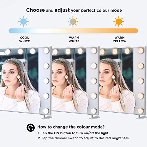 MELUR Espejo De Maquillaje Hollywood, Profesional Espejo de Tocador con Luz LED Táctil Inteligente Espejo Cosmético con 14 Piezas Bombillas Brillo de 3 Modos De Color (Plata)