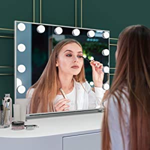 MELUR Espejo De Maquillaje Hollywood, Profesional Espejo de Tocador con Luz LED Táctil Inteligente Espejo Cosmético con 14 Piezas Bombillas Brillo de 3 Modos De Color (Plata)