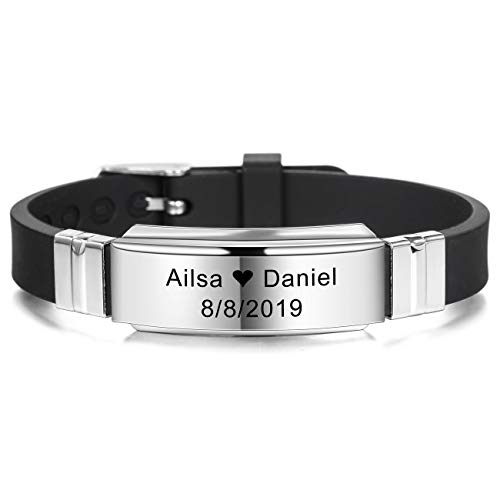 MeMeDIY Nombres De Grabado Personalizados Pulsera De Identificación De Muñeca Deportiva Personalizada para Hombres Mujeres Niños Caucho De Acero Inoxidable Ajustable - (15mm Amplia, Negro Color)