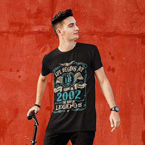 Mens 18th Birthday Gift - Life Begins at 18 Mens T-Shirt - Born in 2002 (Medium, Black)