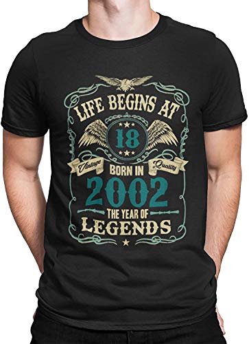 Mens 18th Birthday Gift - Life Begins at 18 Mens T-Shirt - Born in 2002 (Medium, Black)
