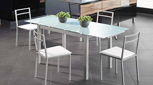 Mesa Extensible de Cristal translúcido Color Blanco y Estructura Gris par Comedor o Cocina