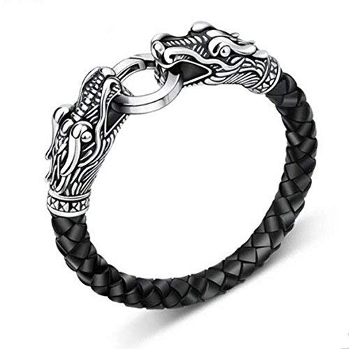MESE London Pulsera Vikinga de Cuero Genuino con Cabeza de Dragón de Acero Inoxidable 'The Blazeheart'