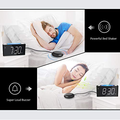 Mesqool Reloj Despertador de vibración Fuerte, Pantalla de 7" LED, luz Nocturna de 7 Colores, Control de Brillo, 3 Niveles de Volumen, 2 Puertos de Carga USB, Reloj Digital para Parejas, sordos