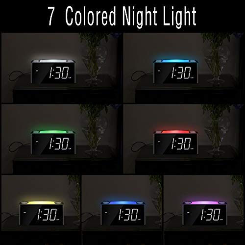 Mesqool Reloj Despertador de vibración Fuerte, Pantalla de 7" LED, luz Nocturna de 7 Colores, Control de Brillo, 3 Niveles de Volumen, 2 Puertos de Carga USB, Reloj Digital para Parejas, sordos