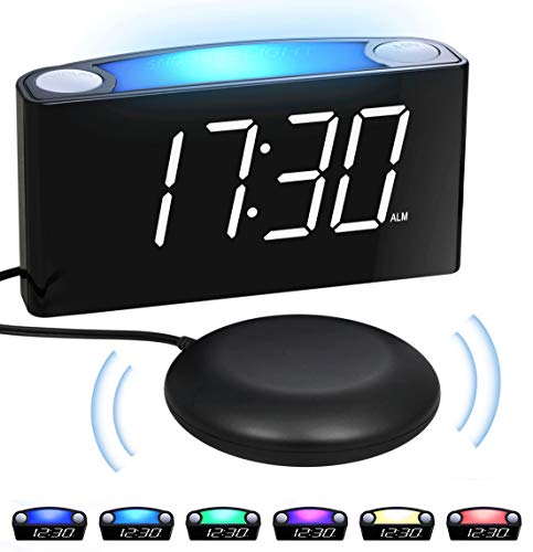Mesqool Reloj Despertador de vibración Fuerte, Pantalla de 7" LED, luz Nocturna de 7 Colores, Control de Brillo, 3 Niveles de Volumen, 2 Puertos de Carga USB, Reloj Digital para Parejas, sordos