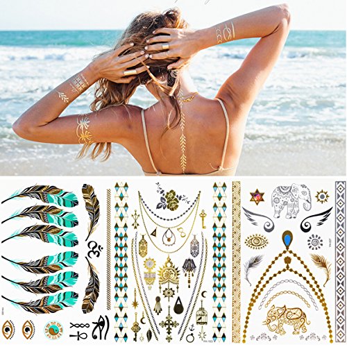 Metálico Temporal Tatuajes, 16 hojas Oro Destello Tatuajes, Más de 200 diseños Prima Falso Joyería Tatuaje Pegatinas como Collar, Esposas, Anillos y Alheña para Mujer Chicas Adolescentes