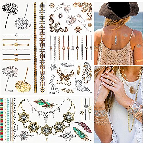 Metálico Temporal Tatuajes, 16 hojas Oro Destello Tatuajes, Más de 200 diseños Prima Falso Joyería Tatuaje Pegatinas como Collar, Esposas, Anillos y Alheña para Mujer Chicas Adolescentes