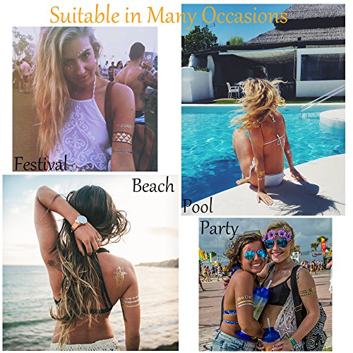 Metálico Temporal Tatuajes, 16 hojas Oro Destello Tatuajes, Más de 200 diseños Prima Falso Joyería Tatuaje Pegatinas como Collar, Esposas, Anillos y Alheña para Mujer Chicas Adolescentes