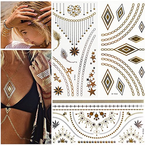 Metálico Temporal Tatuajes, 16 hojas Oro Destello Tatuajes, Más de 200 diseños Prima Falso Joyería Tatuaje Pegatinas como Collar, Esposas, Anillos y Alheña para Mujer Chicas Adolescentes