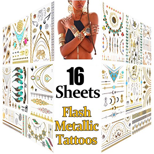 Metálico Temporal Tatuajes, 16 hojas Oro Destello Tatuajes, Más de 200 diseños Prima Falso Joyería Tatuaje Pegatinas como Collar, Esposas, Anillos y Alheña para Mujer Chicas Adolescentes
