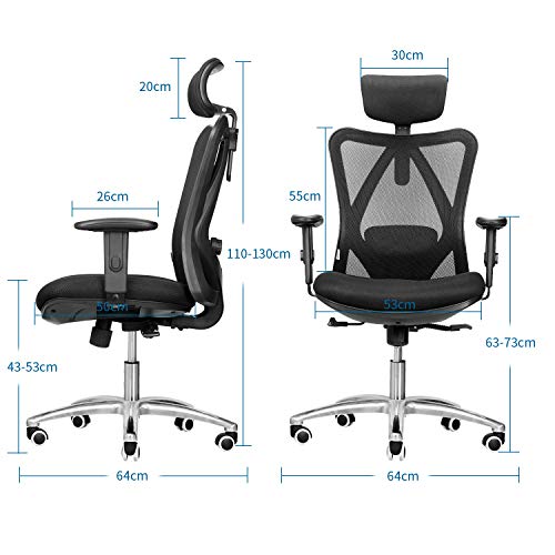 mfavour - Silla de oficina ergonómica, silla de escritorio para ordenador, silla giratoria con cojín de diseño de red, reposacabezas y reposabrazos ajustables, función de balanceo, carga máxima 150 kg