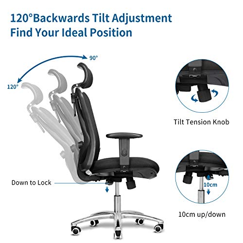 mfavour - Silla de oficina ergonómica, silla de escritorio para ordenador, silla giratoria con cojín de diseño de red, reposacabezas y reposabrazos ajustables, función de balanceo, carga máxima 150 kg