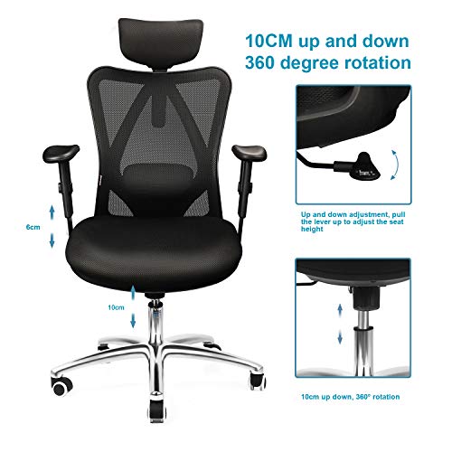 mfavour - Silla de oficina ergonómica, silla de escritorio para ordenador, silla giratoria con cojín de diseño de red, reposacabezas y reposabrazos ajustables, función de balanceo, carga máxima 150 kg