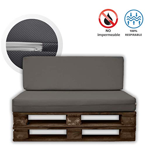 MICAMAMELLAMA Pack Asiento + Respaldo para Sofá de Palet Exterior e Interior - Funda Gris de Tejido 3D Hipertranspirable - Espuma HR Alta Densidad - Grosor 12cm