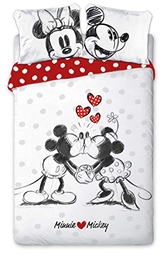 Mickey et Minnie Kiss Love - Juego de cama doble (funda nórdica de 220 x 240 cm, algodón)