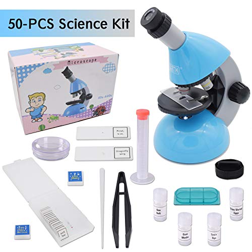Microscopio para niños, ampliación 40X - 640X con 50 Kits de Ciencia El microscopio para Principiantes Incluye 25 Controles deslizantes para Estudiantes de 5 años en adelante