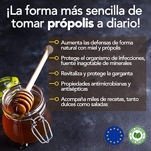 Miel con Propoleo x 400 g. Miel natural con aroma floral, pura y sin pasteurizar. Miel de mil flores con propolis que mejora las defensas y con propiedades antivirales naturales.