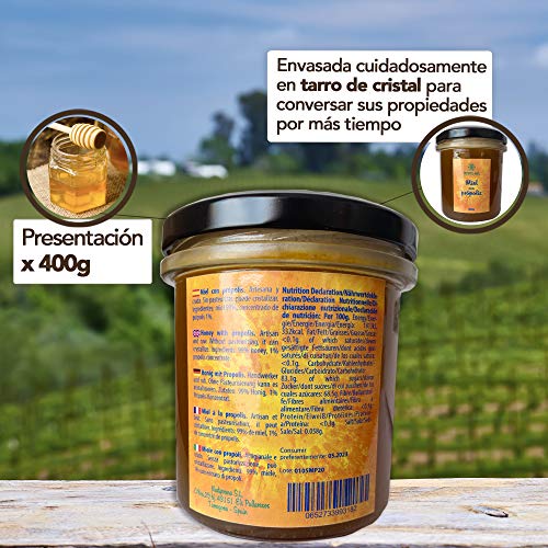 Miel con Propoleo x 400 g. Miel natural con aroma floral, pura y sin pasteurizar. Miel de mil flores con propolis que mejora las defensas y con propiedades antivirales naturales.